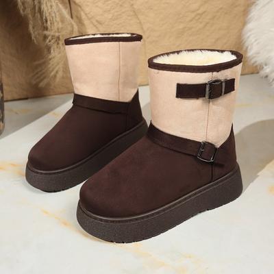 Модные разноцветные ботинки на платформе для снега, зимние новинки, замшевый верх с круглым носком, металлическая пряжка, нескользящие хлопковые ботинки