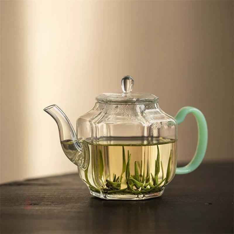 Чайник из стекла с шестиугольной ручкой из искусственного нефрита, термостойкий, небольшой емкости, 210 мл, заварной чайник для зеленого чая, набор для кунг-фу