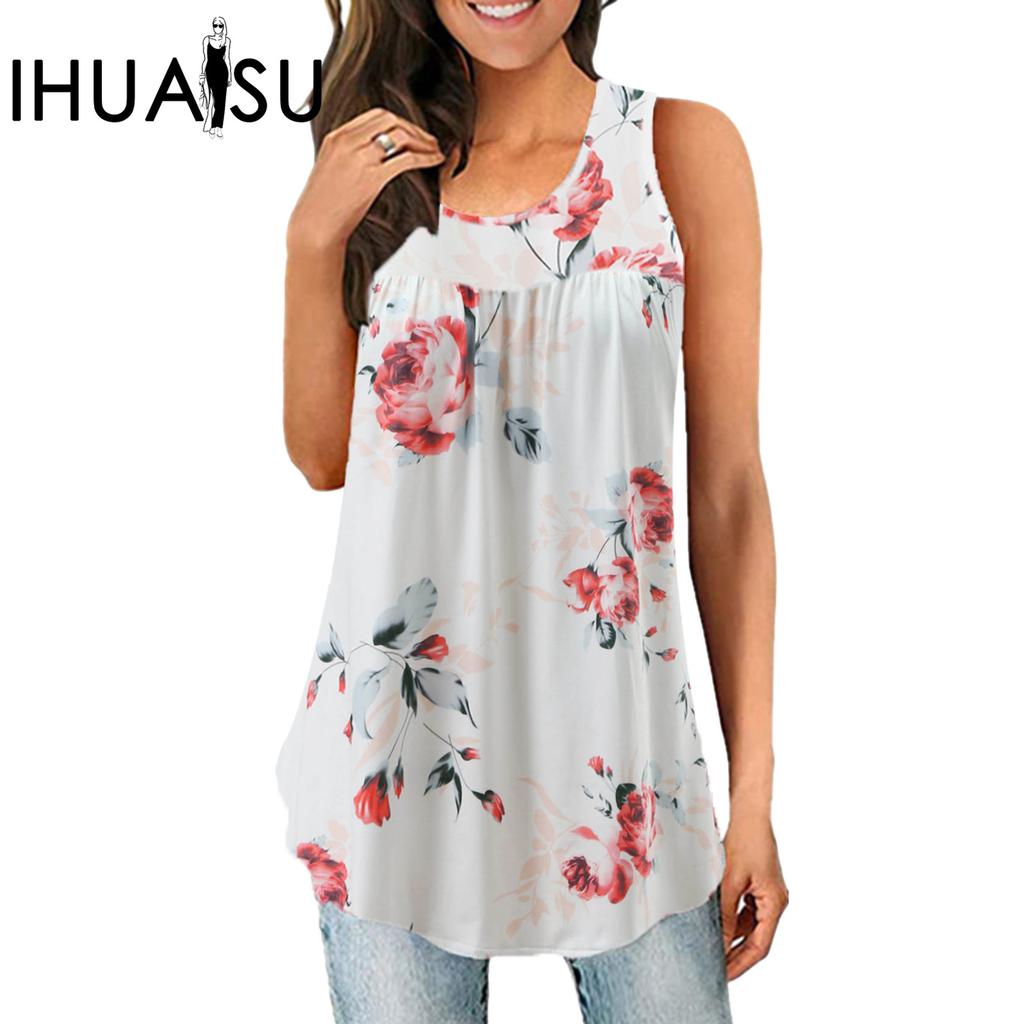 IHUASU Summer Women's Print Round Neck Retraction Sleeveless Tank Top T-shirt