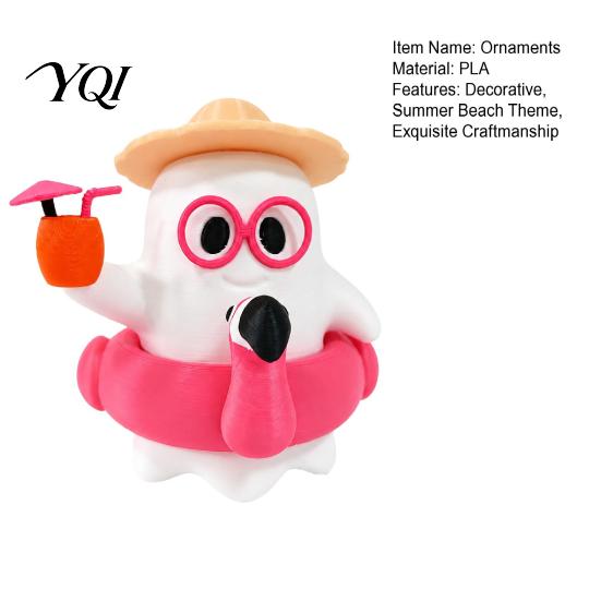 Micro Landscape Construction 3D Printed Summer Ghost Figurine, Cute Beach Theme Ornament with Holiday Display Statue Straw Hat Swimming Ring