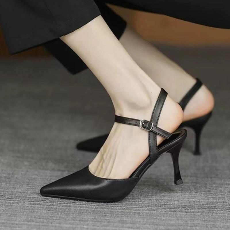 2024 Новые летние женские туфли, модные однотонные босоножки с острым носком и пряжкой на один ряд, на высоком каблуке-шпильке
