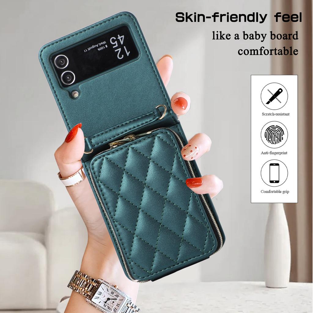 Crossbody Leather Zipper Cards Solt Wallet Case For Samsung Galaxy Z Flip 5 4 3 Z Fold 5 Fold4 Fold3 Metal Chain Lanyard Cover