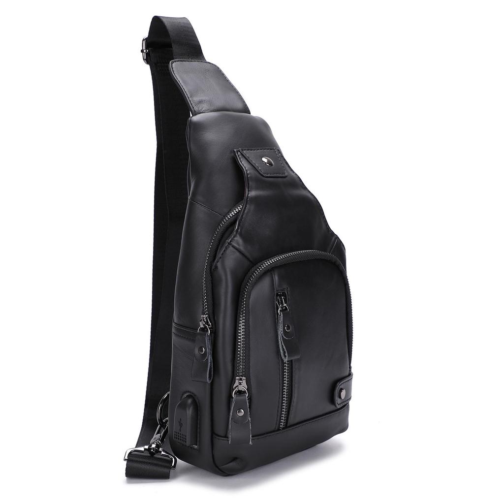 Genuine Leather Men's USB Charging Chest Bag - Business Casual Single Shoulder Messenger Bag