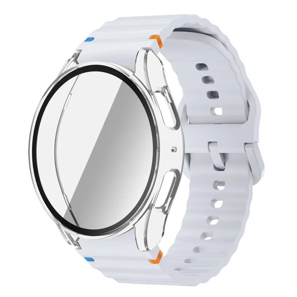 Чехол+Ремешок для Samsung Galaxy Watch 7 6 5 4 40мм 44мм Силиконовый Браслет Защитная Пленка для Экрана из Закаленного Стекла Бампер