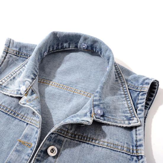 Fall Spring Lady Denim Coat Single-breasted Sleeveless Hooded Pockets Loose Jacket Drawstring Short Type Daily Wear Waistcoat