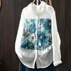 Spring Autumn White Top Double Layered Cotton Yarn Shirts Women Lapel Collar Long Sleeve Printed Blouses