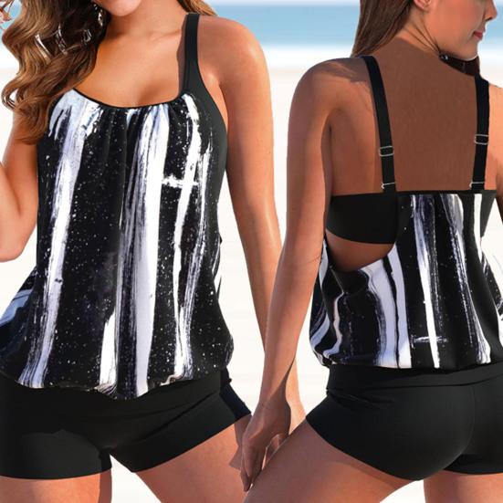 2 Pcs/Set Swimming Top Shorts Set Plus Size Conservative Leopard Print