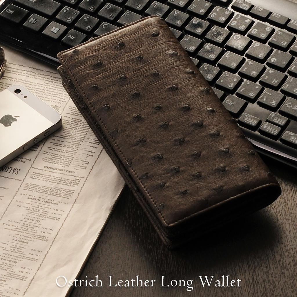 Мужской длинный кошелек Sankyo Shokai из кожи страуса, дизайн с полным покрытием, бифолд, на молнии, темно-коричневый