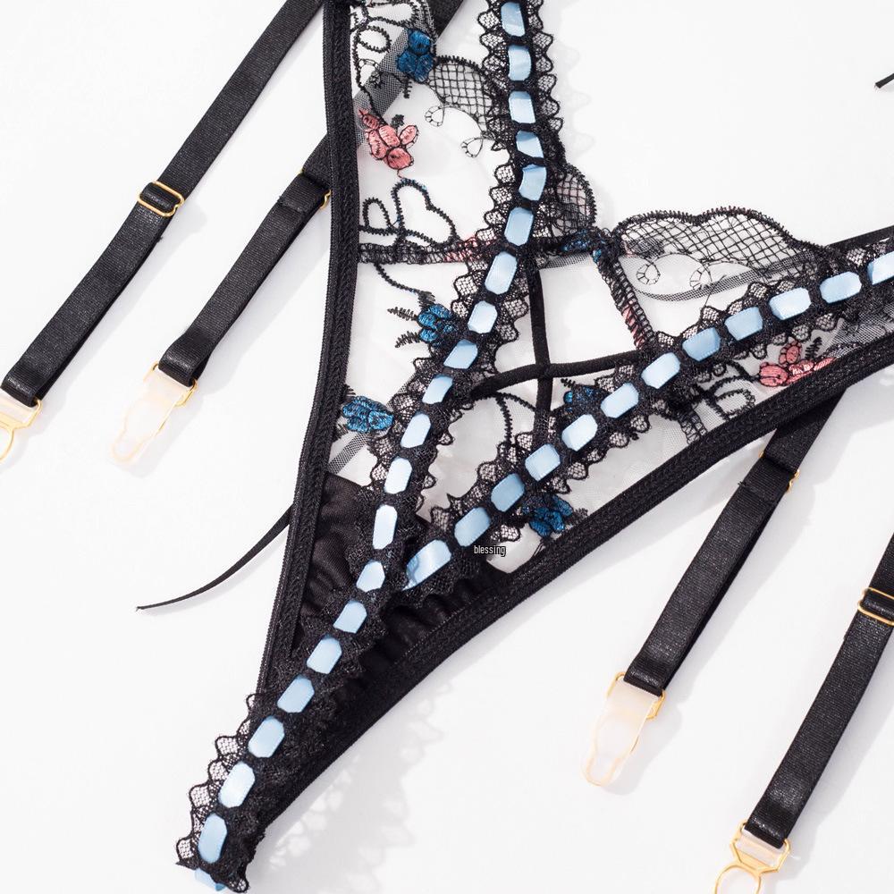 European & American Mesh Embroidered Sexy Lingerie Set - Bra, Garter & Panty