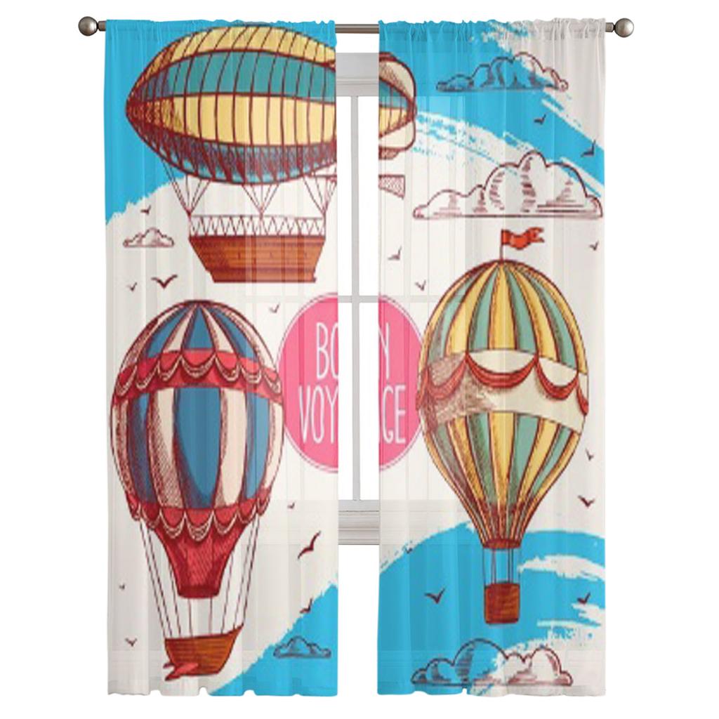 Винтажные разноцветные воздушные шары, летающие в небе, облака, птицы, шифоновые прозрачные шторы для гостиной, спальни, оконная вуаль, тюлевая занавеска