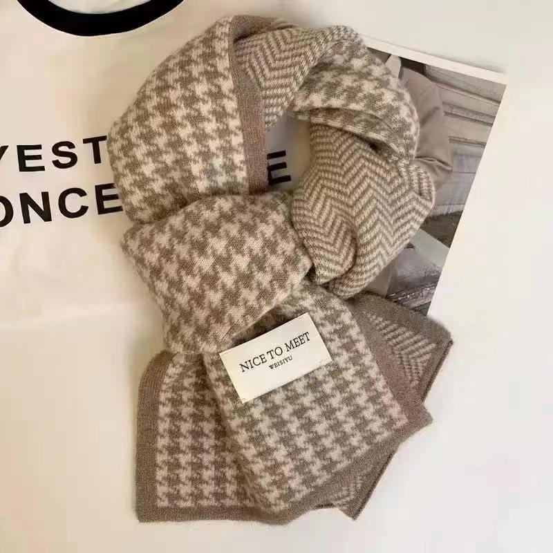 Women's Winter Warm Houndstooth Wool Scarf - Korean Style Versatile Knit for Autumn and Winter