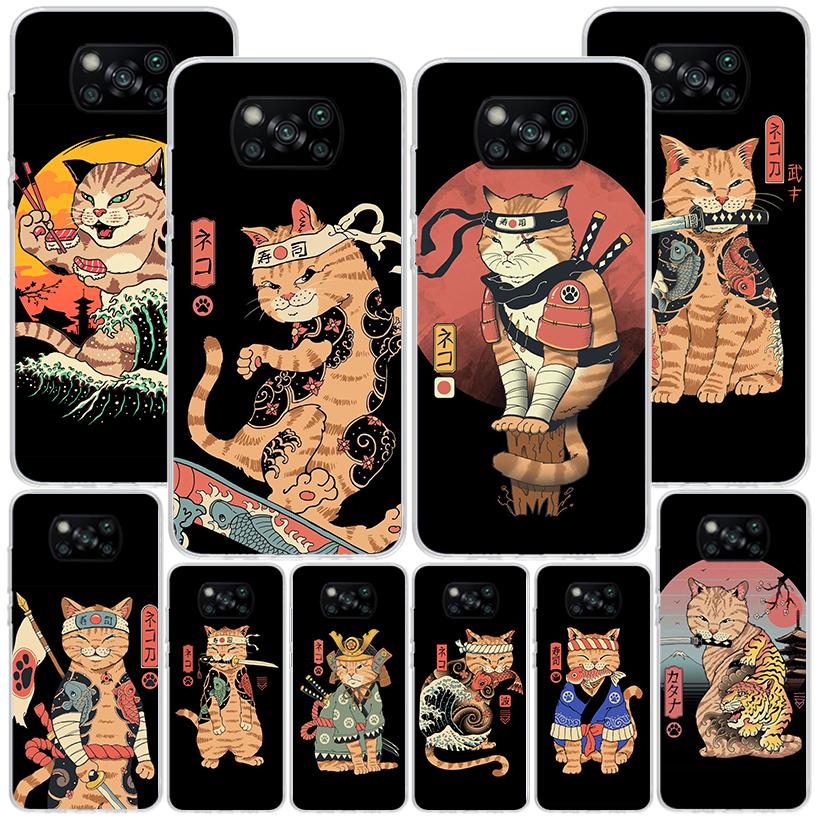 Рамен Суши Самурай Тату Кот Чехол для Телефона для Xiaomi Poco X5 X6 X7 Pro X4 Gt F7 Ultra M8 M7 Redmi 15C 15 13C 13 12C 12 Уникальный Co
