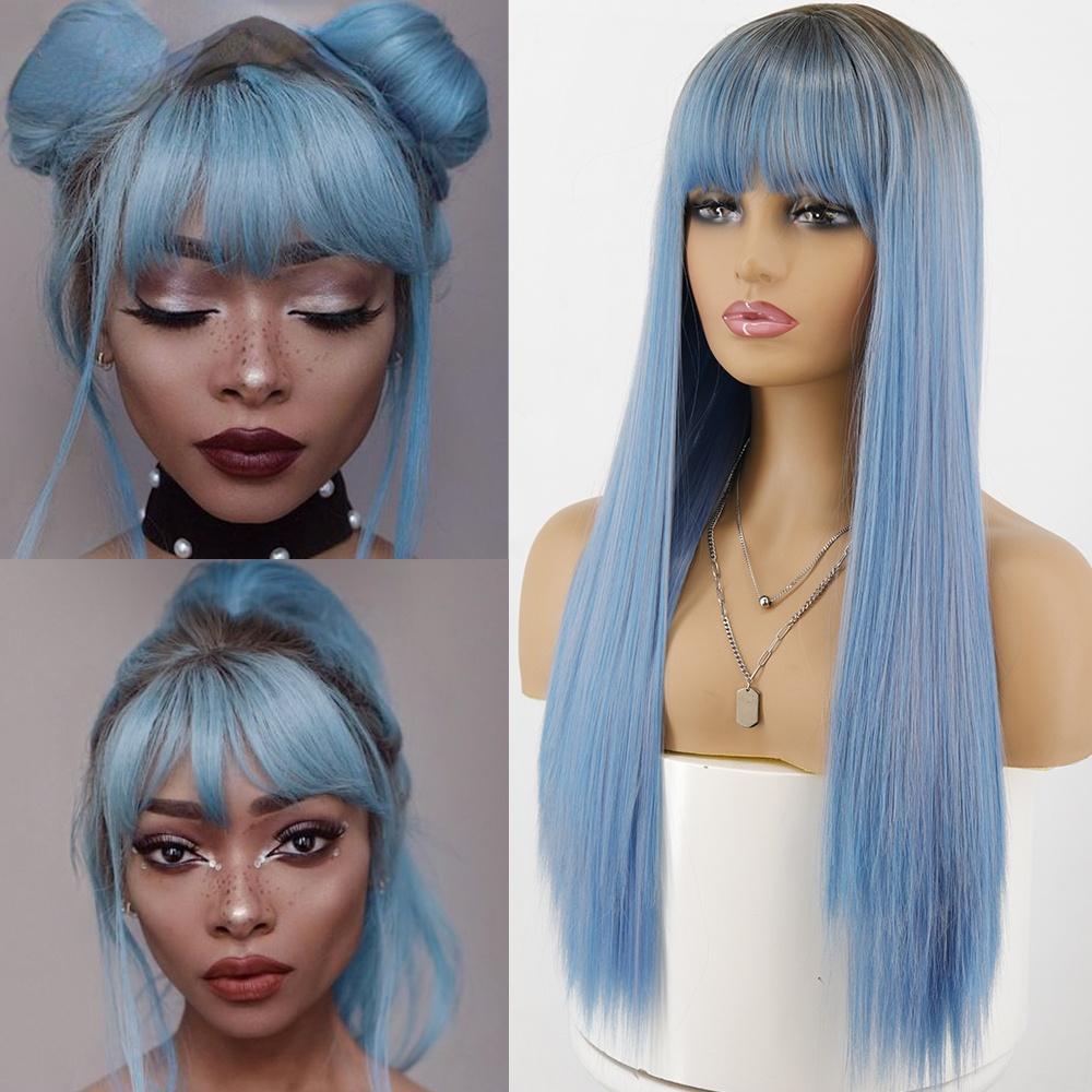 MISS WIG Синтетические длинные прямые синие парики из высокотемпературного волокна Ombre для женщин, вечерние повседневные волосы, парики с челкой