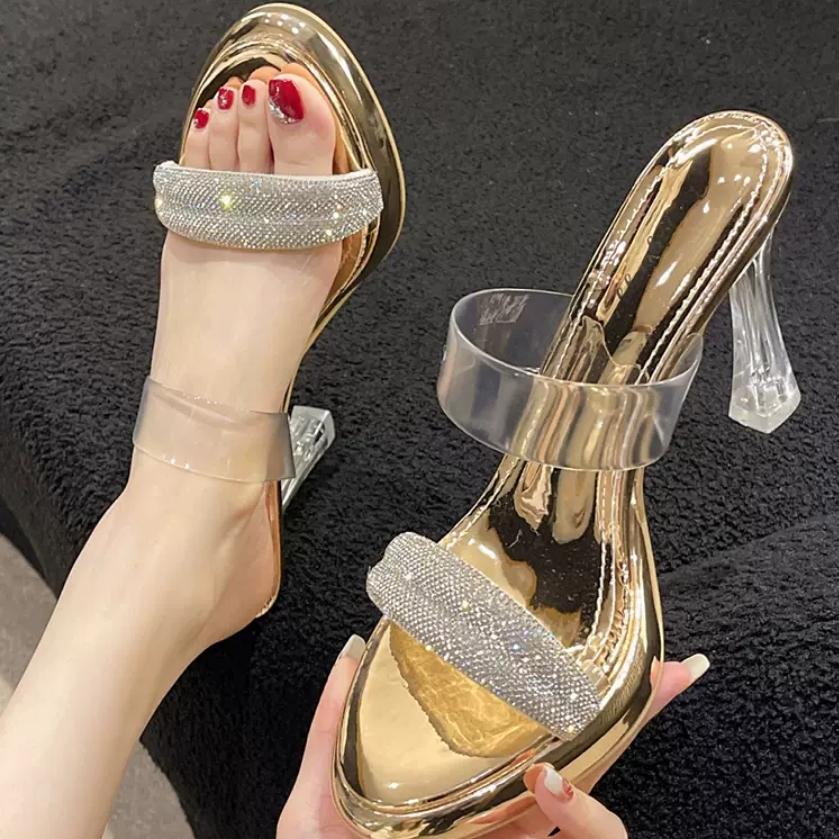 2024 летняя мода стразы серебристые массивные водонепроницаемые тапочки прозрачные сандалии с кристаллами высокие каблуки женские туфли-лодочки