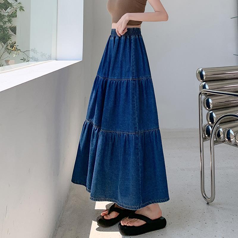 Cake Denim Skirt Women's Elastic High Waisted Solid Color A-line Skirt Commuting Harajuku Style 2025 Spring New Fashion