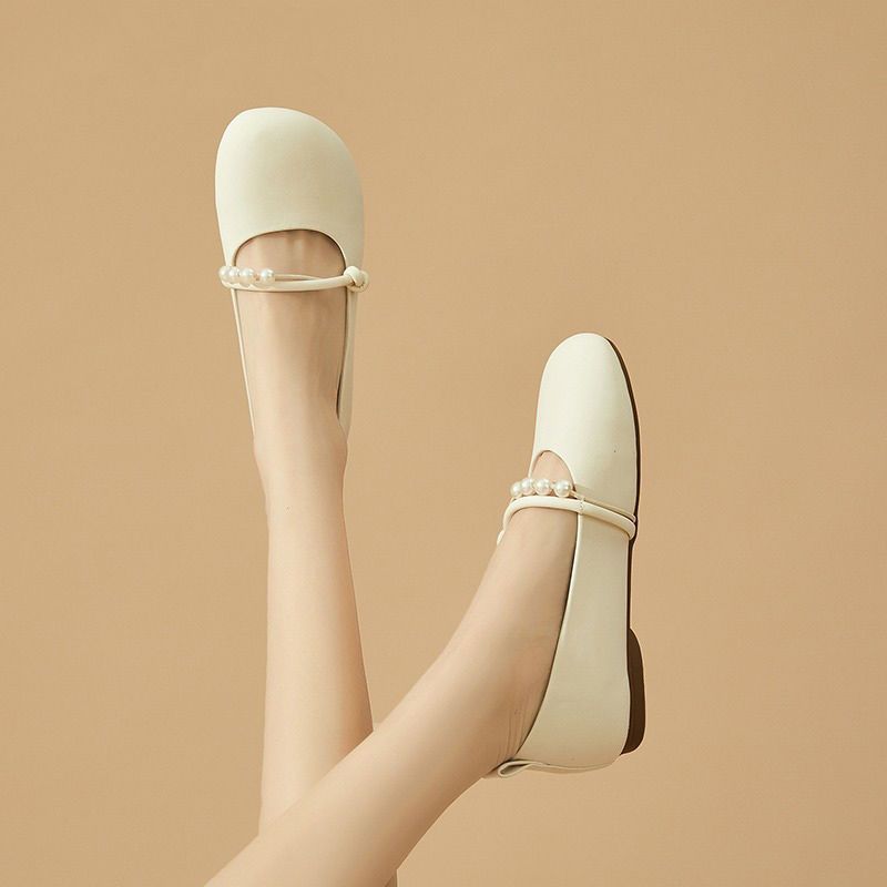 Бежевые туфли Мэри Джейн на плоской подошве, женские туфли, весна и осень, маленькие кожаные туфли, летние новые туфли с неглубоким вырезом и мягкой подошвой