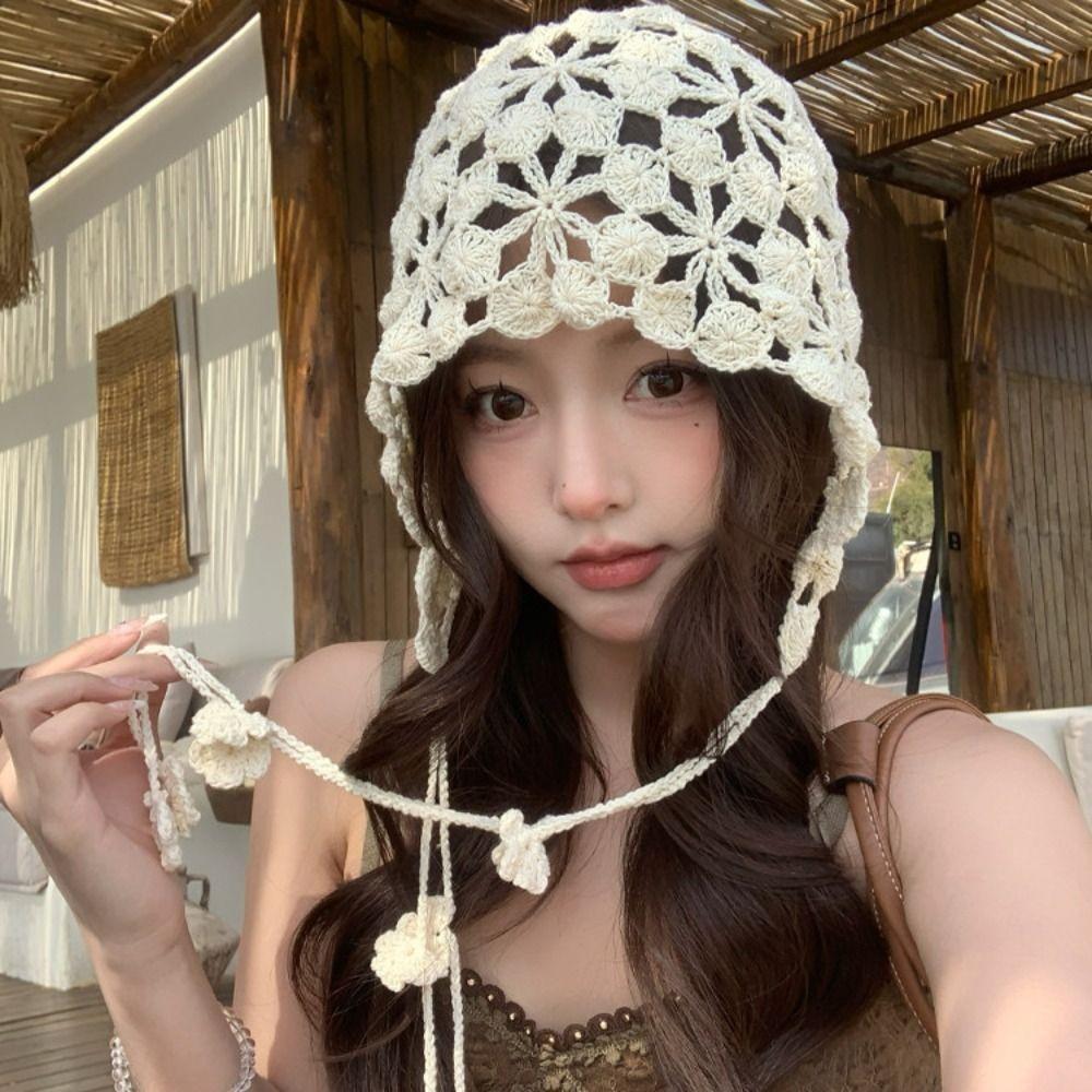 Tassel Hollowed Out Knitted Hat Floral Weave Cap Retro Bohemian Style Beanies Outdoor