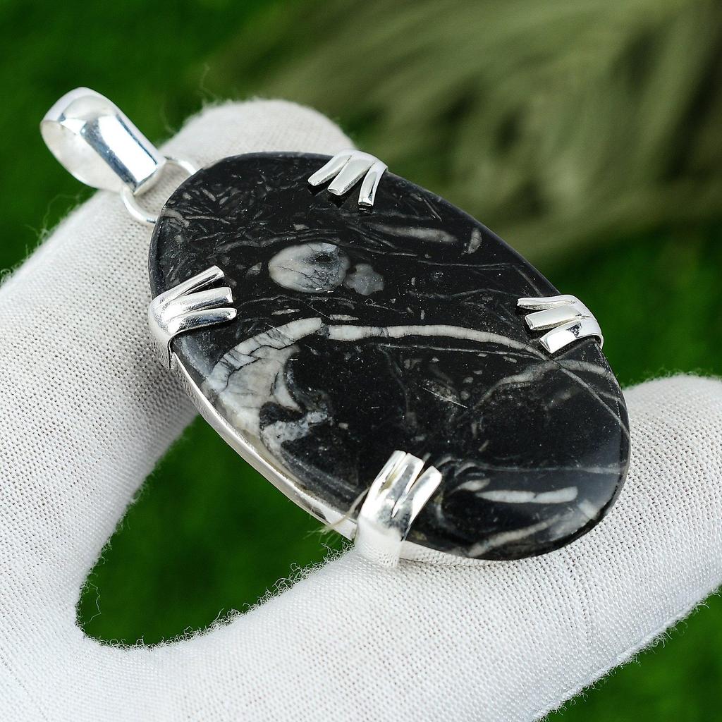 Gift For Her 925 Sterling Silver Natural Black Fossil Coral Gemstone Pendant