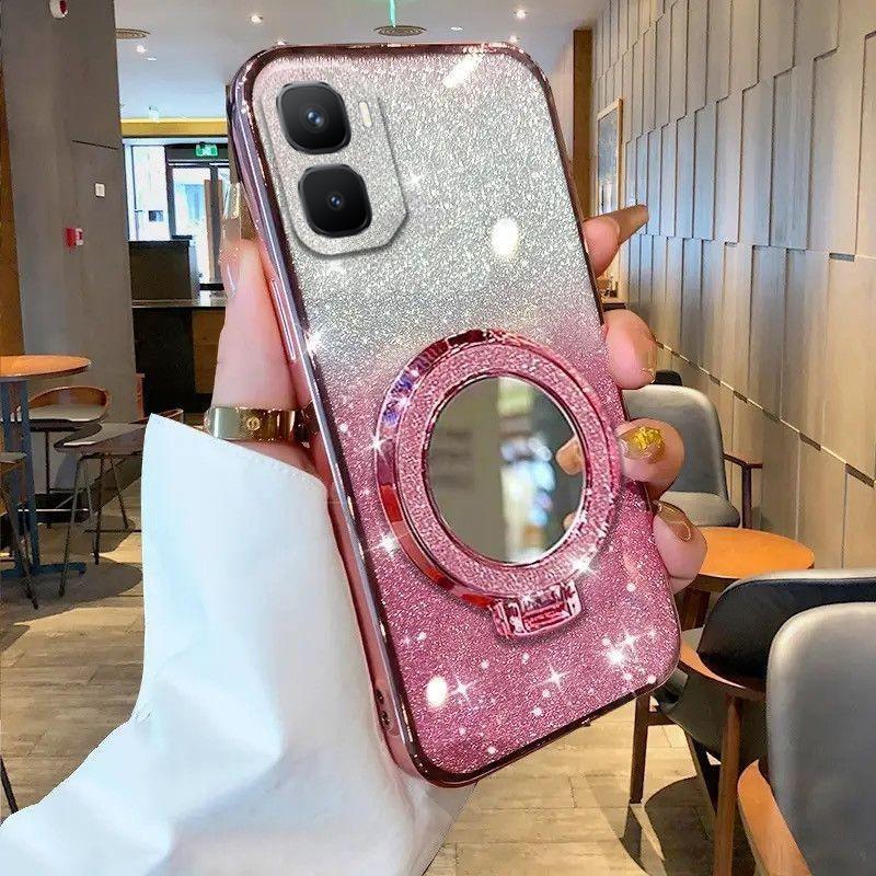 For infinix GT50 Pro Case with Makeup Mirror Holder Stand Luxury Shiny Gradient Plating Glitter Slim for infinix GT50 GT30 GT20 Pro Back Cover