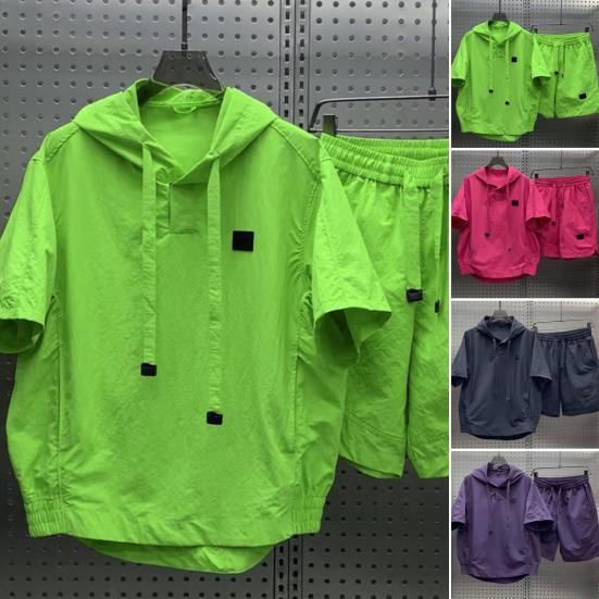 Мужской летний комплект из 2 предметов: худи с капюшоном и кулиской, топы с коротким рукавом, эластичная талия, карманы