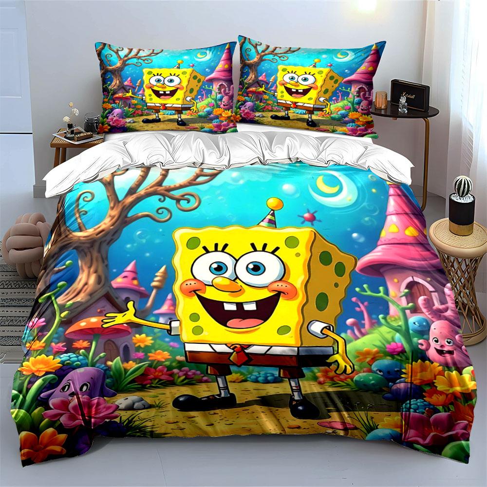 Cartoon sponge with flowers. Bedding sets Duvet cover sets Duvet covers Pillowcases(1 * Duvet Cover 2 * Pillowcases without duvet insert)