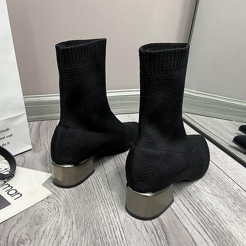 Женские модельные туфли, сексуальные короткие женские ботинки телесного цвета с острым носком, весна 2024, вязаные ботинки-носки, черные ботинки Botas De Mujer