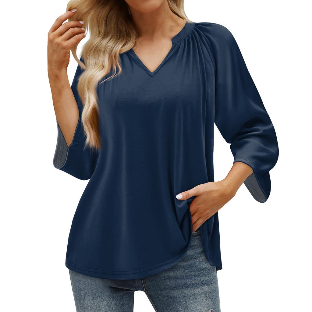Женская летняя повседневная футболка с рукавом 3/4, однотонный пуловер с v-образным вырезом, топ