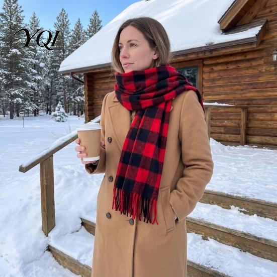 Мягкий полиэстеровый шарф-снуд Классический клетчатый шарф для женщин, Зимняя шаль с эффектом кашемира Повседневная одежда с кисточками, Большой теплый шарф-накидка Пальто Свитеры