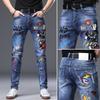 Thin Embroidery Printed Jeans Men's Fashion Brand Slim Fit Stretch Feet Pants Men's Fashion All-Matching