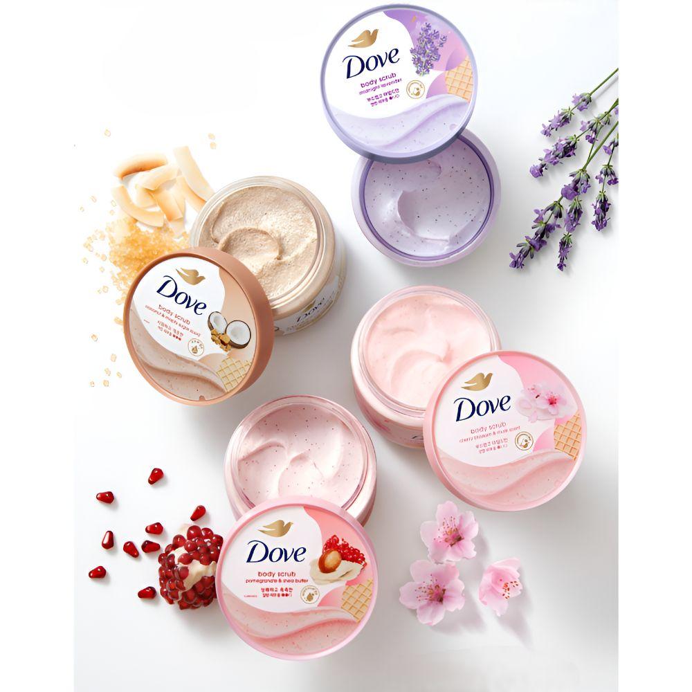 DOVE Отшелушивающий скраб для тела 298 г (Гранат и масло ши / Полуночная лаванда / Цветение вишни / Кокос и кленовый сахар)
