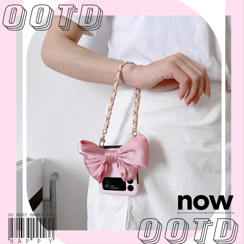 Fashion Korean Cute Silk Bow Leather Bracelet Chain Phone Case For Samsung Galaxy Z Flip 4 Z Flip 3 Zflip 5g Protective Cover