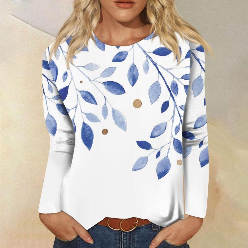 Женская мода повседневная с длинным рукавом цветочный принт круглый вырез пуловер топ блузка футболки женские