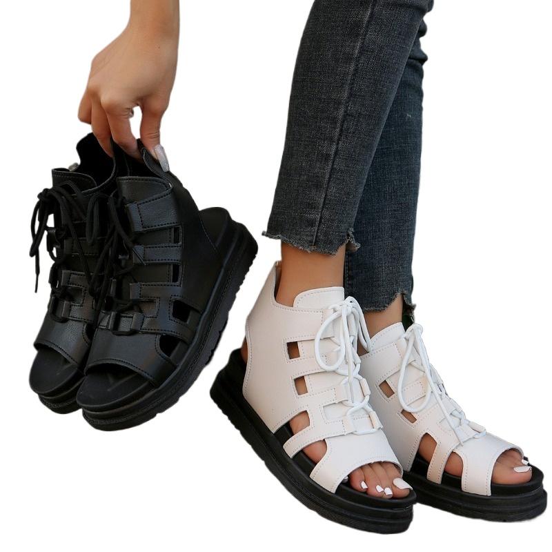 Мода 2024 года, новые летние сандалии на толстой подошве для женщин, полые дышащие сандалии для отдыха в римском стиле для женщин