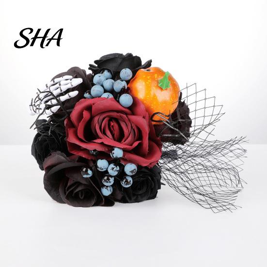 Halloween Flower Bouquet Gothic Wedding Bride Bouquet, Artificial Black Red Rose Spooky with Skeleton Hand Pumpkin Skull for Bridal Bridesmaid