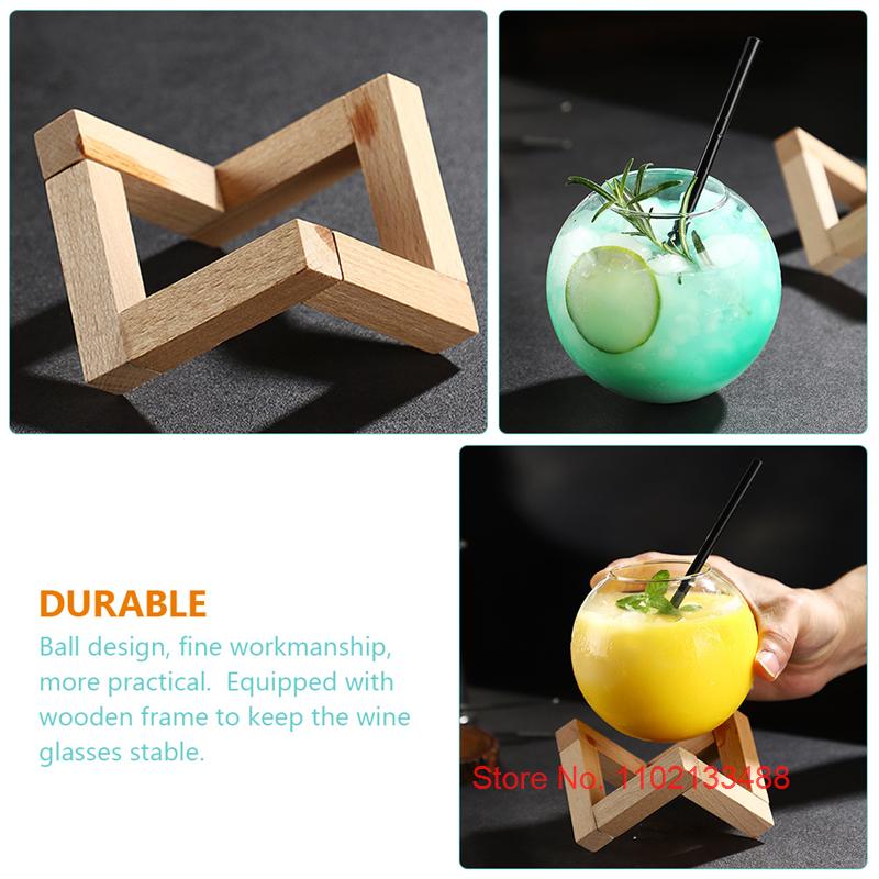 475ml Clear Moon Cocktail Glass With Wood Stand Unique Shape Bar Glassware Drum Drink Cup Ronud Ball Cocktail Cup Smoothie Bowl