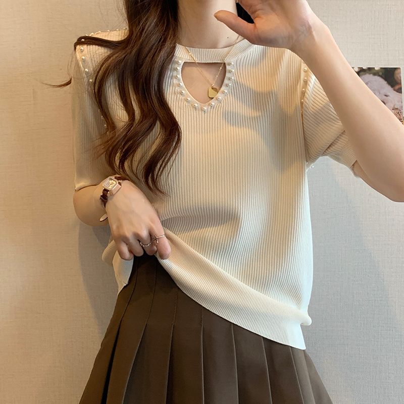 Женская трикотажная рубашка Ice Silk, летняя футболка с коротким рукавом, украшенная бисером, женский алый топ