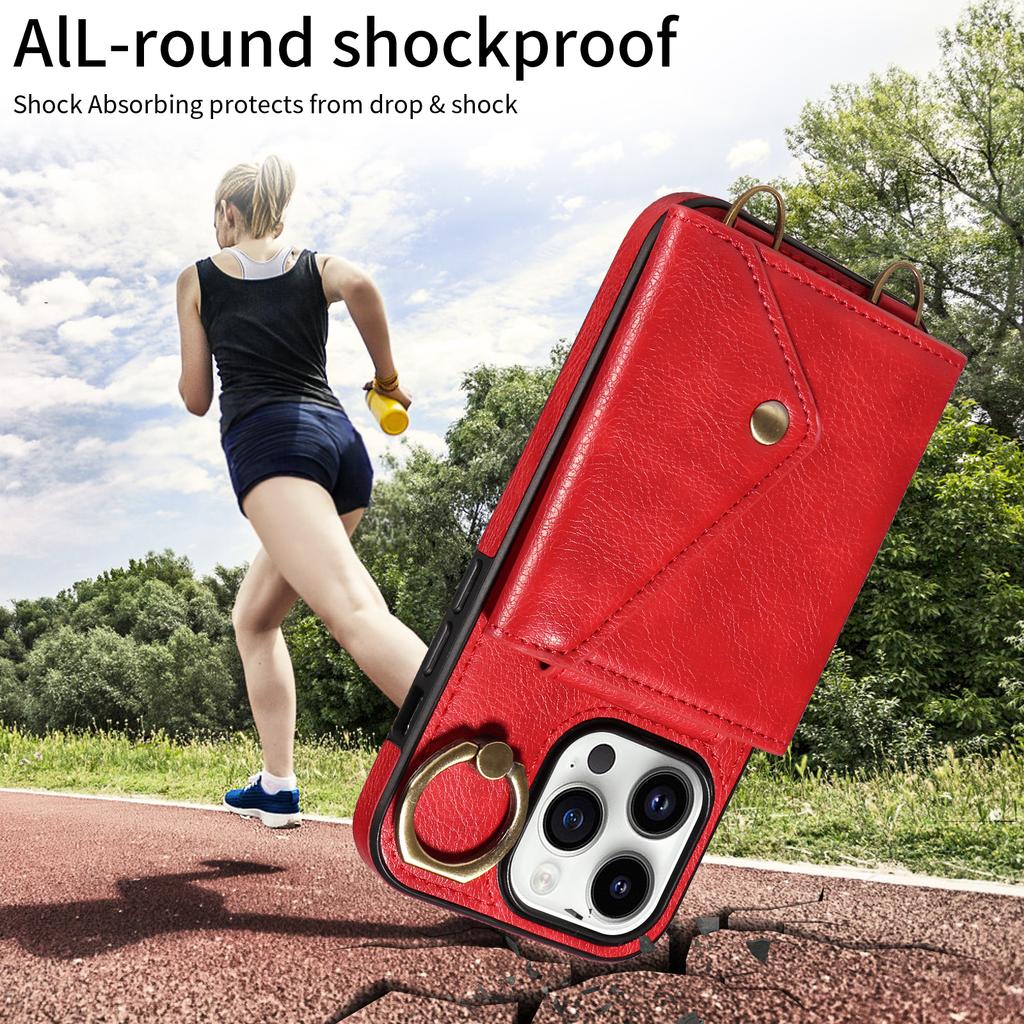 Для iPhone 16 серии. Для iPhone 16, 16 Plus, 16 Pro, 16 Pro Max плечевой ремень веревка кольцо кронштейн дизайн держатель для карт слоты личи узор чехол для телефона