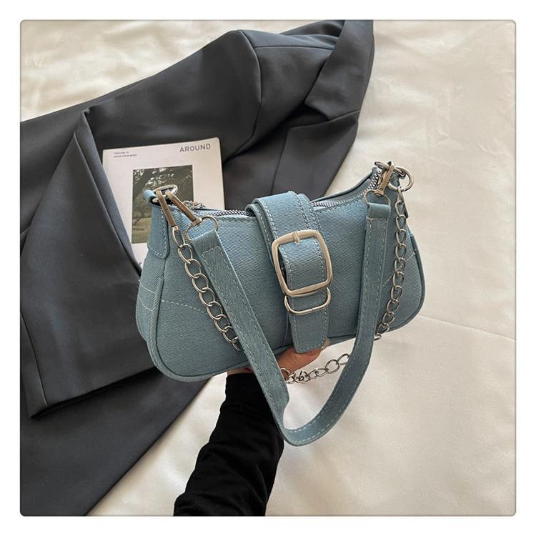 Джинсовая маленькая сумка женская 2025 новая высококлассная модная сумка-багет для通勤, простая цепочка, на плечо, сумка-мессенджер