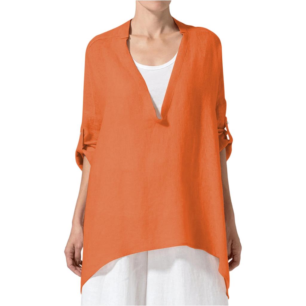 Модная женская однотонная хлопково-льняная свободная блузка с V-образным вырезом