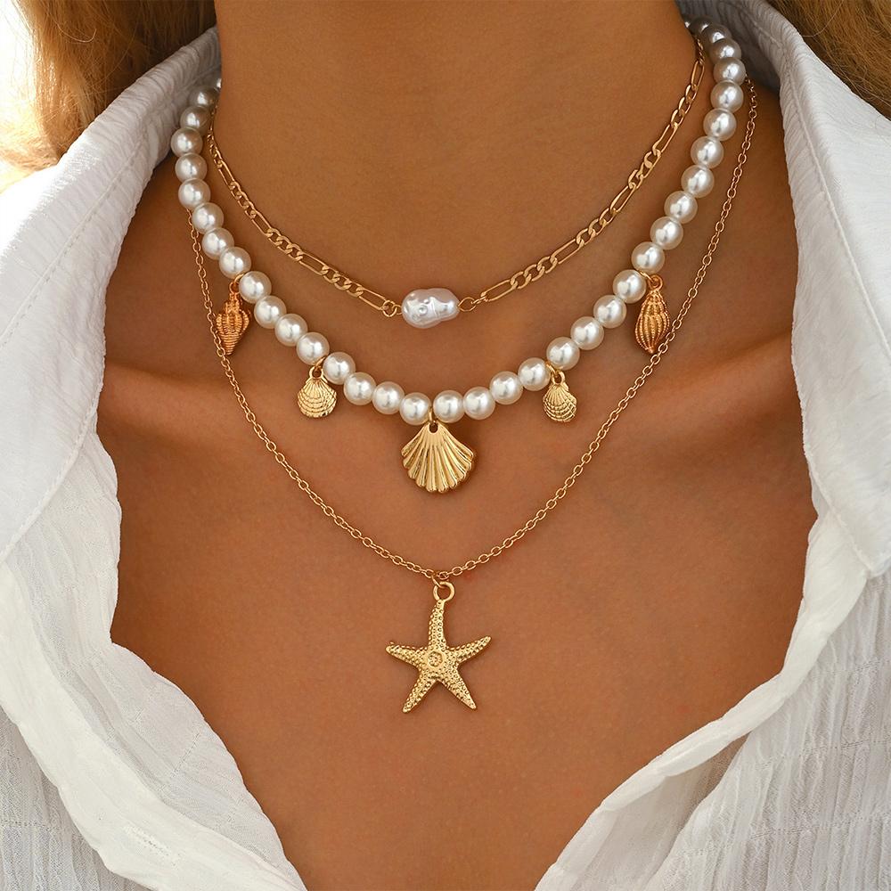 Beach Style Starfish Pendant Necklace Alloy Beads Layered Choker Chain Shell Necklace for Women