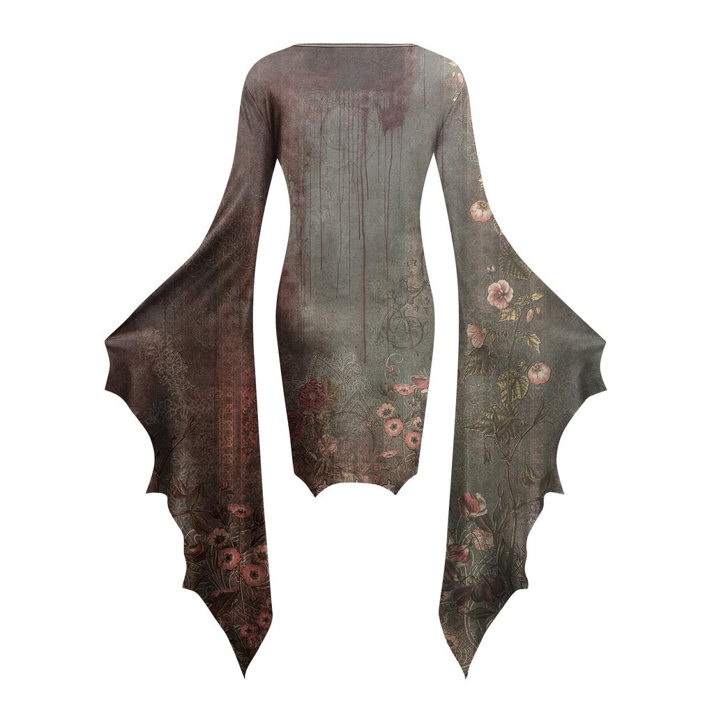 Женская мода готический панк летучая мышь рукава Хэллоуин принт нестандартное вечернее платье