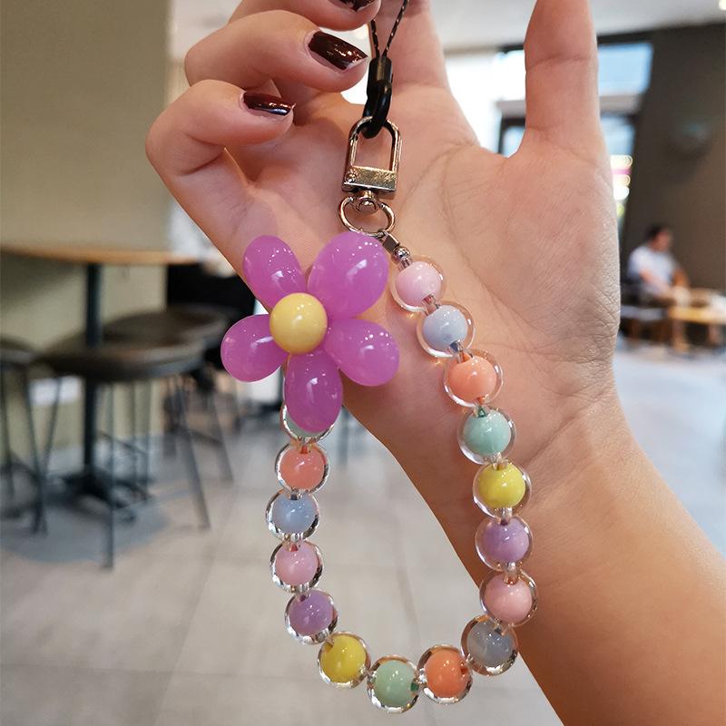 Шнурок против потери для телефона, ключей, короткий браслет, кулон, красочный кулон из круглых бусин-макарон, женская ручная цепочка, шнурок для мобильного телефона