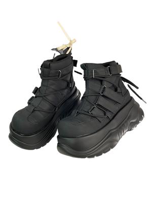 Готика Дарк Панк Рок Маффин Женские Туфли на Платформе Черные Матовые Ботильоны на Липучке с Боковой Пряжкой на Шнуровке 7см