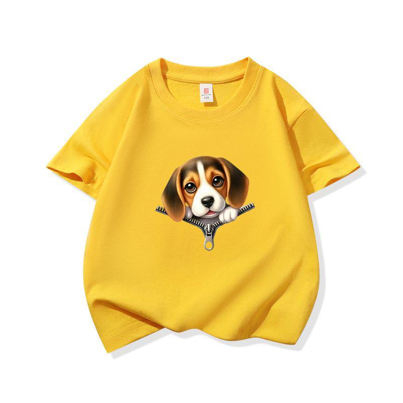 Kids Cotton T Shirt Cute Beagle Puppy Dog Zipper Print Crew Neck Short Sleeve Tee Casual Breathable Boys Girls Summer Tops