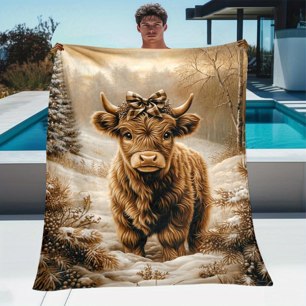 Фланелевое одеяло с зимним пейзажем шотландской высокогорной коровы | Мягкое теплое всесезонное украшение для фермерского дома и подарок для разных случаев