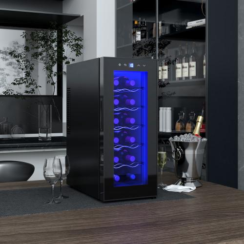 Wine Cooler for 12 Bottles, 30L, 8-18°C, Double Thermoelectric Bottle Cooler with Glass Door, Beverage Cooler with LED Light
