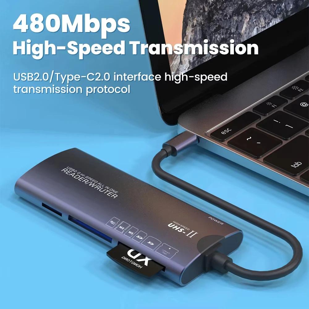 Устройство чтения карт 6-в-1 SD TF XD CF M2 USB-адаптер Type C Высокоскоростная передача данных Картридер для ноутбука
