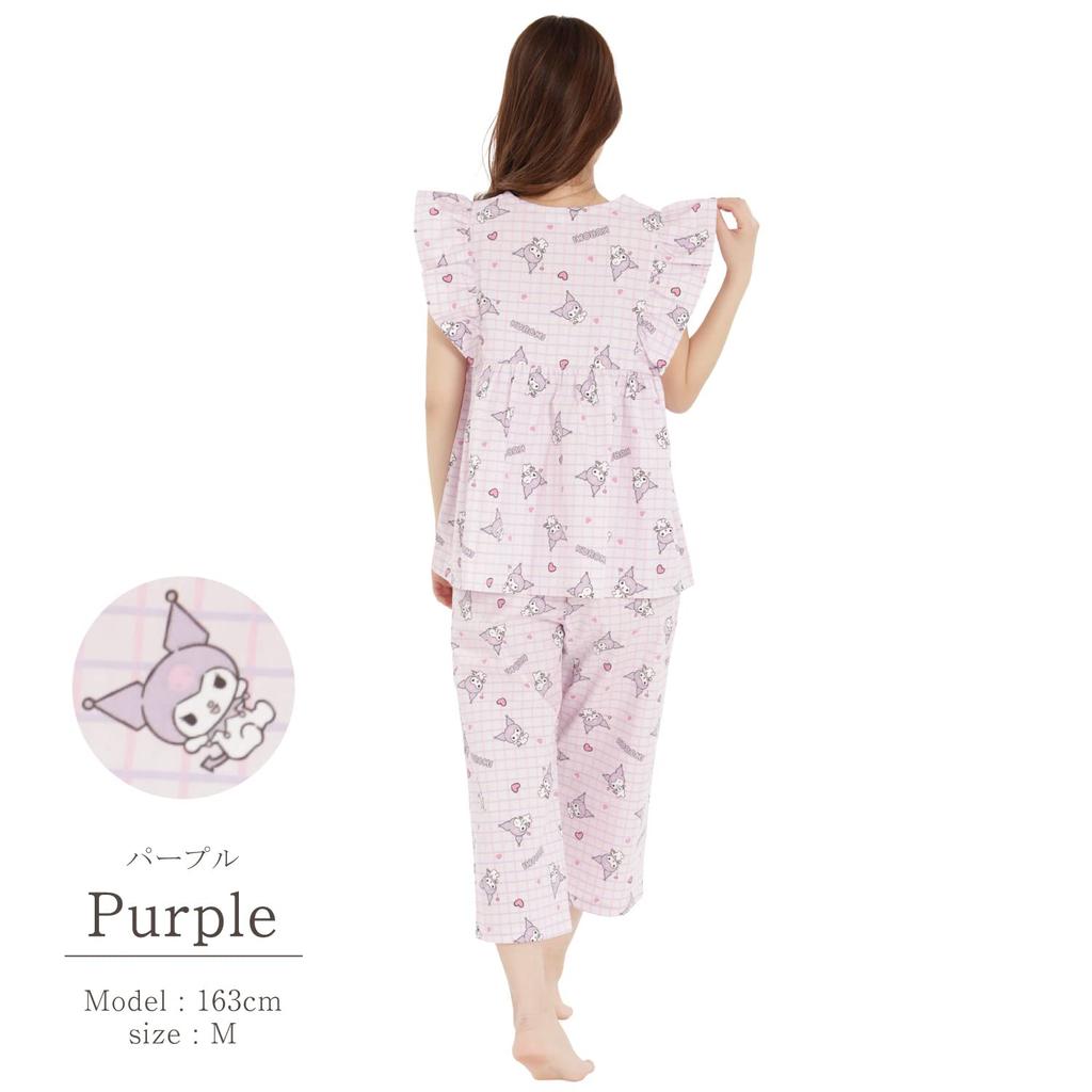 [SAZAC] SAN1483 Check Kuromi Frill Pajamas, Women's, Short Sleeves and Pants Set, Loungewear, Kuromi, Sanrio, Purple/M