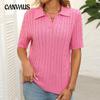 Women's Summer New Short-sleeved Lapel Stranded Jumper V-neck Knitted Pullover Tops