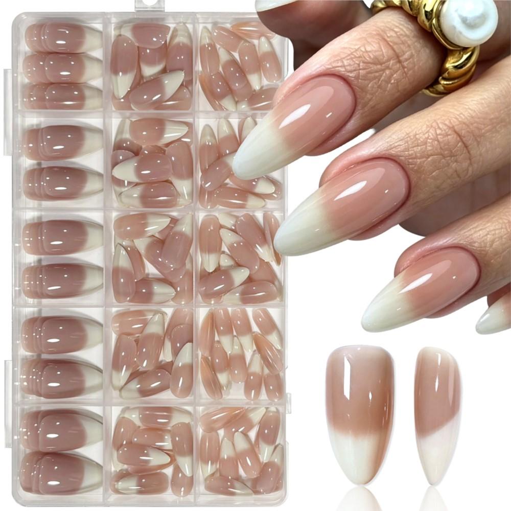 150pcs Light Brown Gradient French Tips False Nails Glossy Medium Almond French Press On Nails Full Cover Acrylic Fake Nails S#8